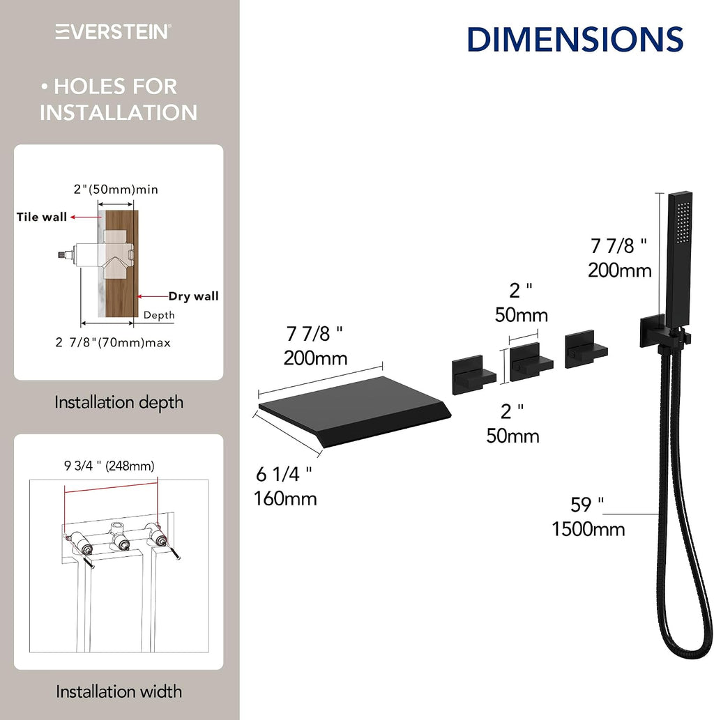Wall Mounted Waterfall Bathtub Shower Faucet Set, 3 Handle Bathroom Shower Fixtures Set Combo with Tub Spout & Handheld Spray, Matte Black