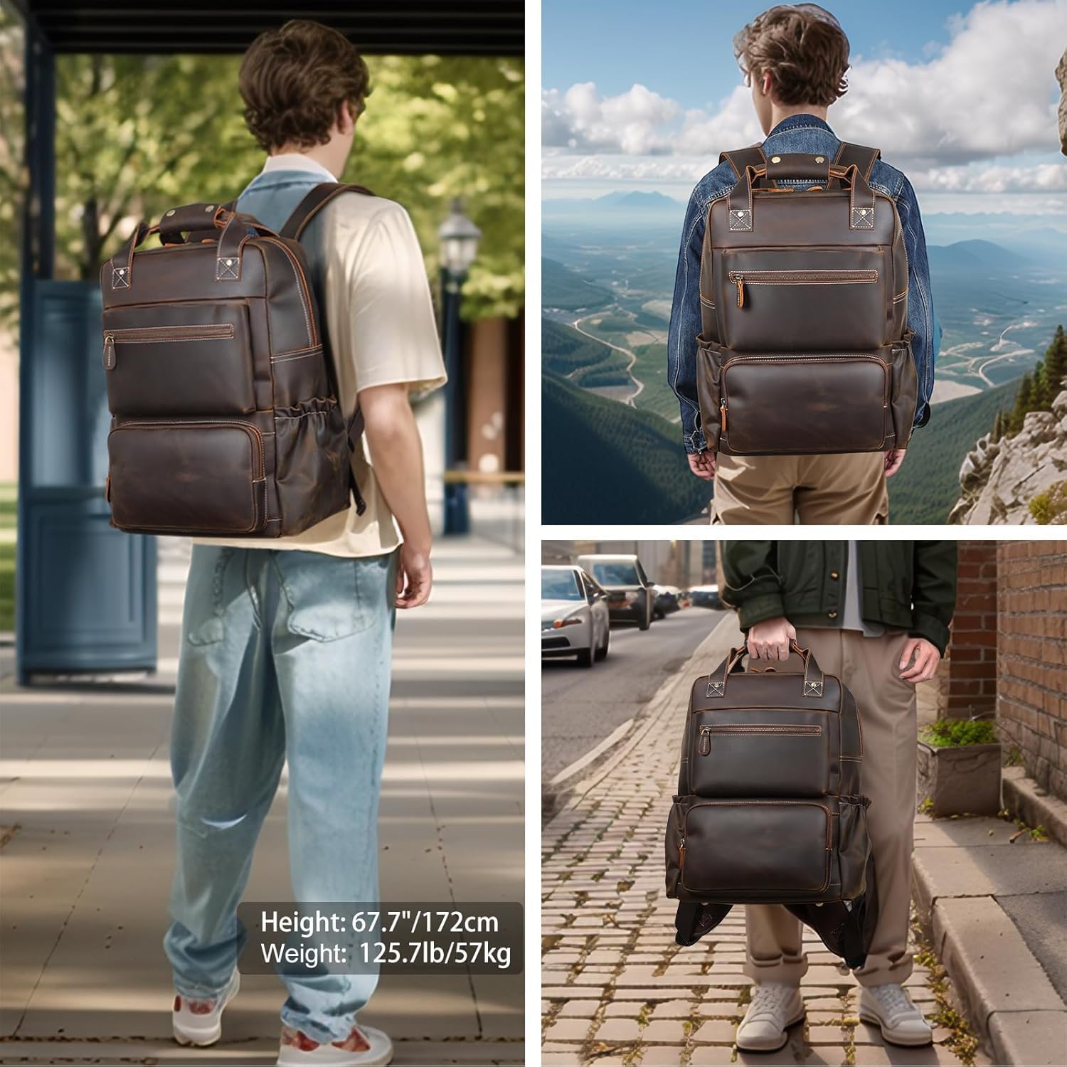 TIDING Vintage Full Grain Leather 17 Inch Laptop Backpack for Men Large Business Travel Daypack Computer Rucksack, Brown