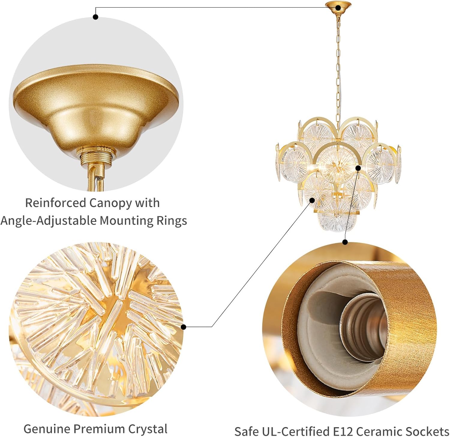 WUZUPS 6-Light Round Crystal Chandelier Pendant Ceiling Light Modern Lighting Fixture for Bedroom Hallway Bar Kitchen Bathroom, H 17.3' W 22.8', E12 Base, Gold