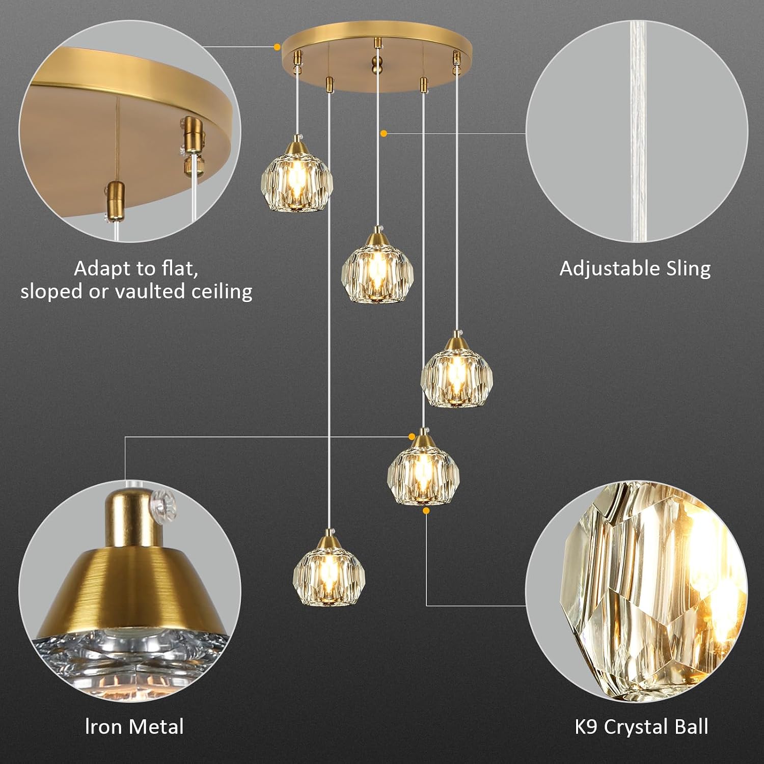 Weesalife Crystal Chandeliers for Dining Room Lights Fixture Over Table, 5-Light Gold Modern Pendant Light Fixture，Crystal Chandeliers for Living Room Kitchen Island Staircases Foyer Hallway Bar