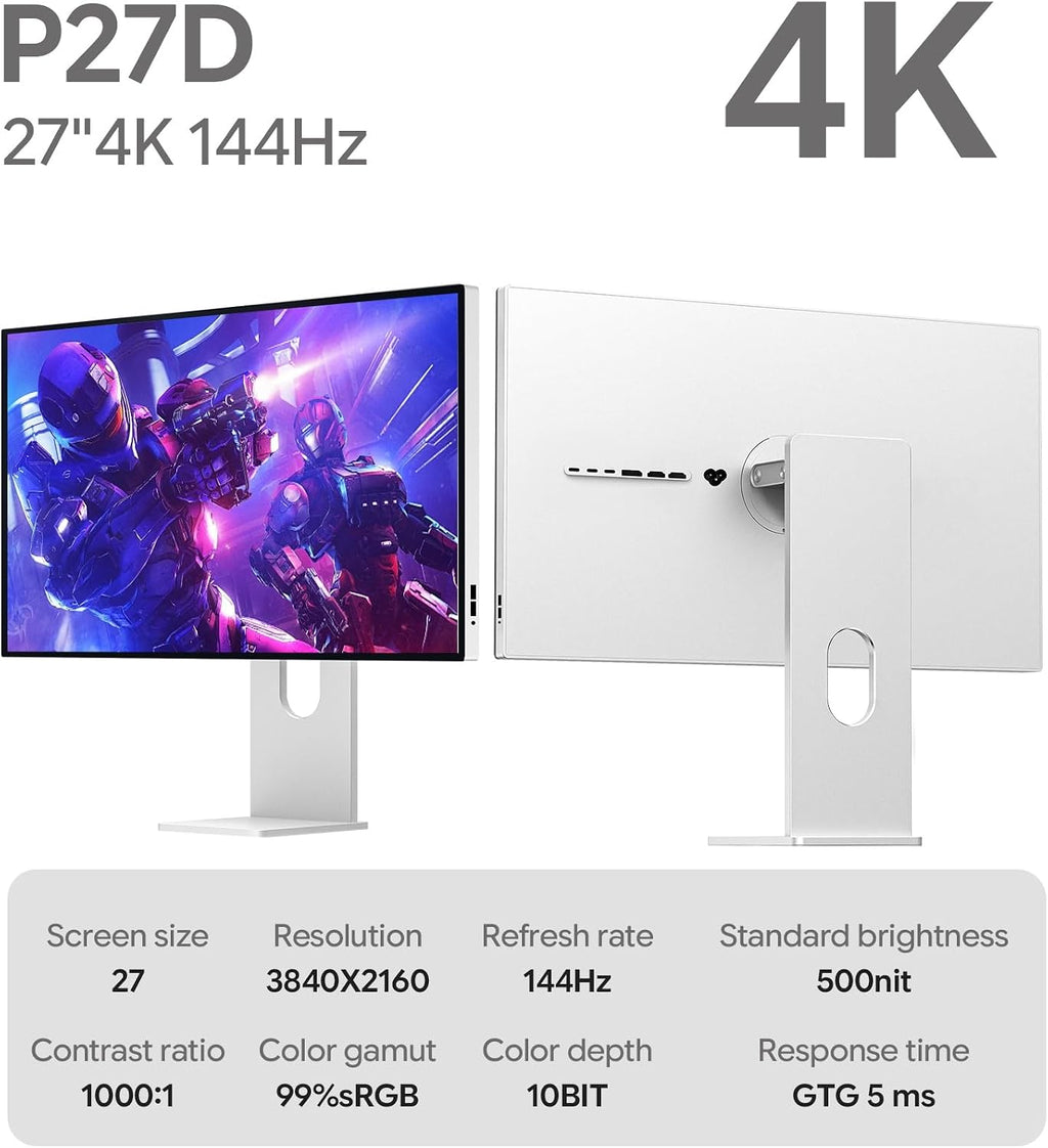 P27D 27'' UHD (3840 x 2160) 4K 144Hz Glossy Monitor, IPS Panel, 10-Bit Color, 99% sRGB, 96% DCI-P3, 5ms, HDR, Low Blue Light, Eye Care (Minimalist - with Stand)