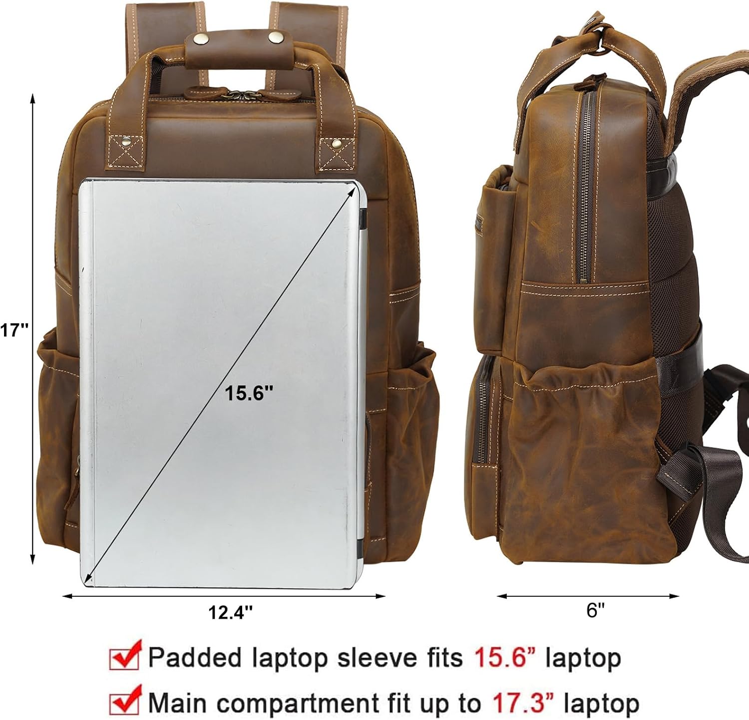 TIDING Brown Leather Laptop Backpack for Men, Vintage Business Casual Daypack Fits 15.6' 16' Computer, Large Weekender Travel Back Pack