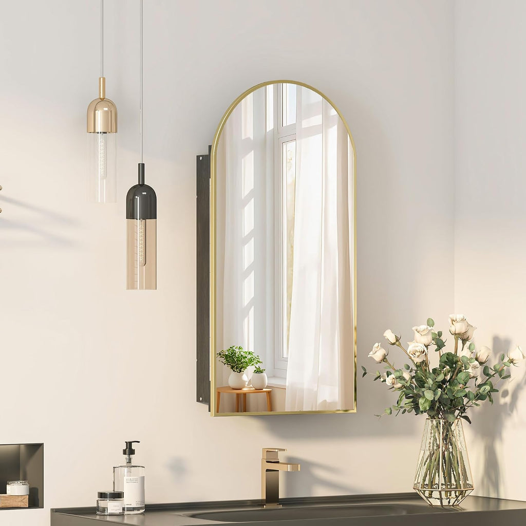 Recessed Medicine Cabinet Mirror,Brushed Brass Gold Arched Medicine Cabinet with Mirror for Bathroom,Metal Edge Mirrored Medicine Cabinets,in Wall Arch Mirrored Cabinets with Storage 16x31