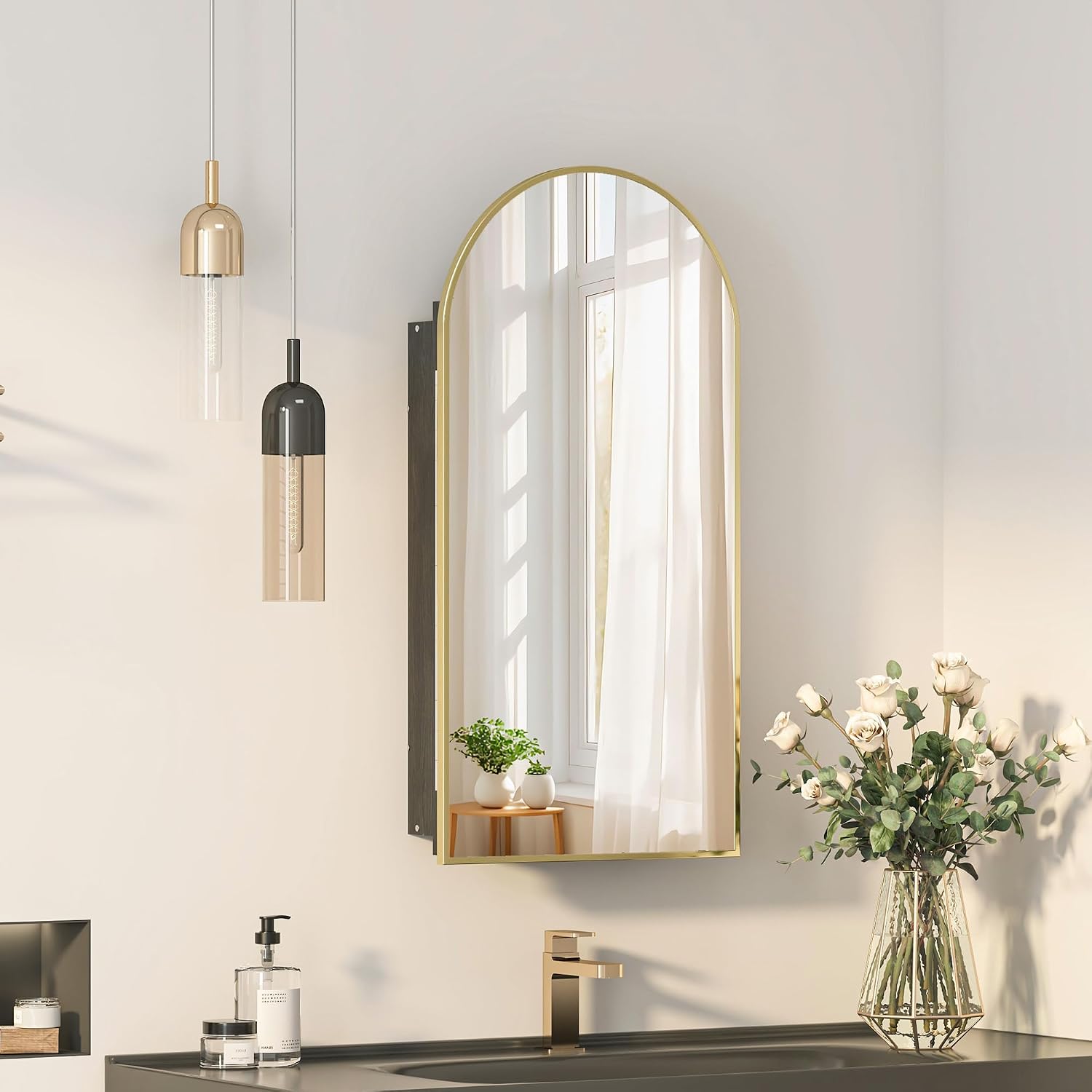 Recessed Medicine Cabinet Mirror,Brushed Brass Gold Arched Medicine Cabinet with Mirror for Bathroom,Metal Edge Mirrored Medicine Cabinets,in Wall Arch Mirrored Cabinets with Storage 16x31
