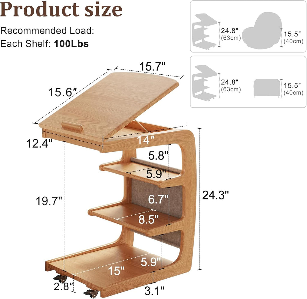 AQIMUELE Wooden C-Shaped End Table,Couch Desk with 2 Lockable Wheels,4-Tier Couch Table with Storage Bag,Small Rolling Side Table Tv Trays for Couch, Living Room,Bedroom (Natural)