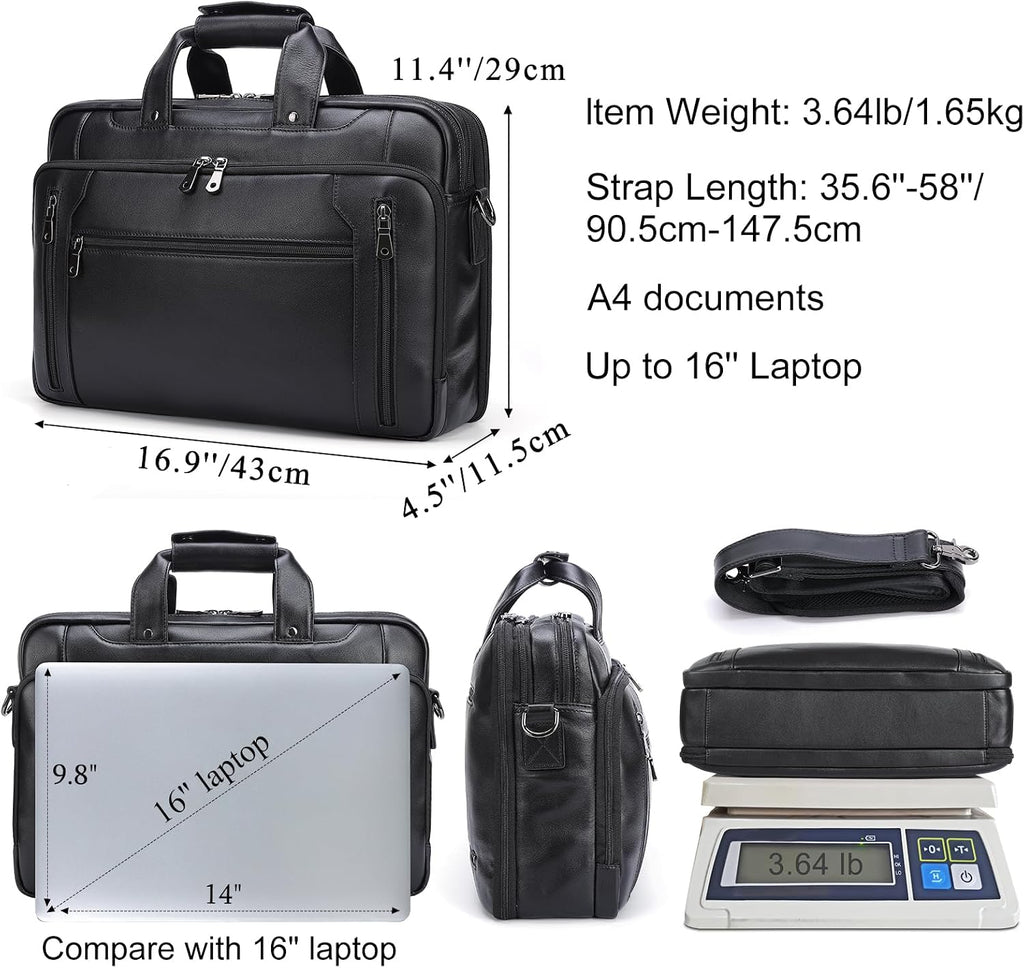 Masa Kawa Black Leather Briefcase for Men, Waterproof 16 Inch Laptop Computer Case, Crossbody Shoulder Messenger Bag for Business Travel, Office Work