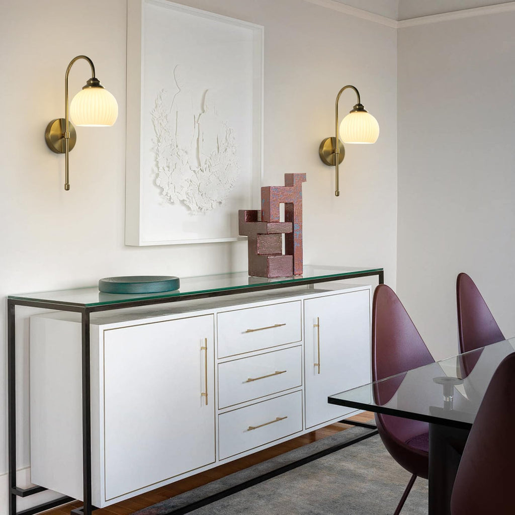KCO Lighting Gold White Cordless Wall Sconces Mid Century Modern Bedroom Sconces Set of 2 Milk Glass Wall Lamps Antique Brass Wall Light Set of Two Retro Bathroom Vanity Light Fixtures