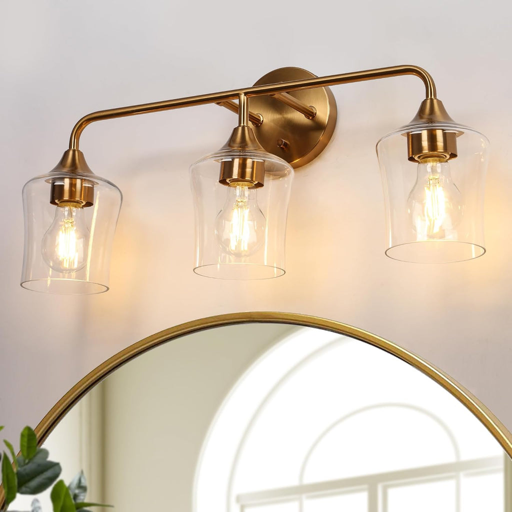 KSANA Gold Bathroom Light Fixture, 3-Light Vanity Light Over Mirror, Modern Glass Wall Sconce with Electroplated Antique Brass Finish