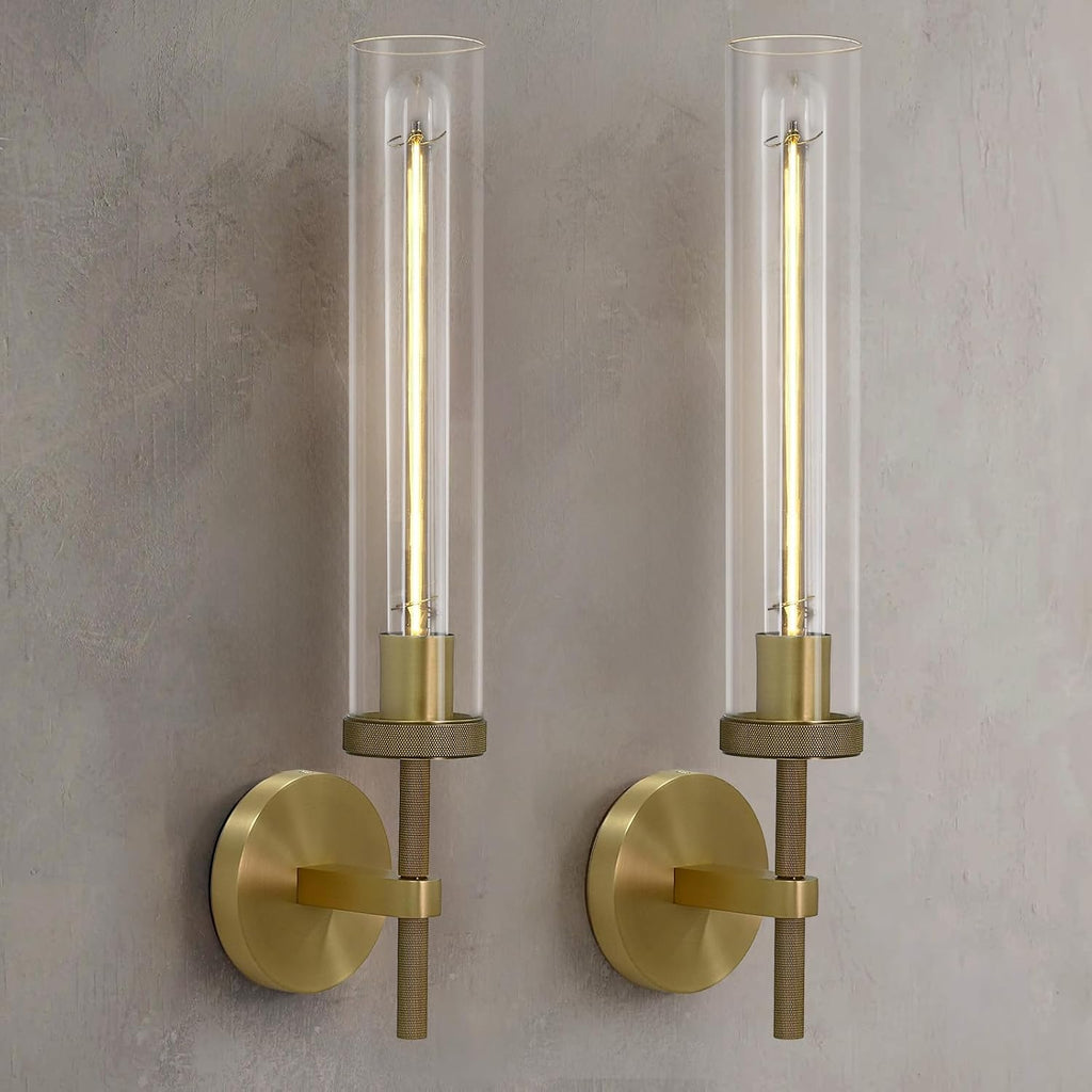 19' Modern Gold Wall Sconces Set of 2, Knurled Brass Vanity Lights with Clear Tube Glass Shade, Industrial Long Linear Wall Lamp for Bathroom Mirror, Hallway, Living Room, Staircase