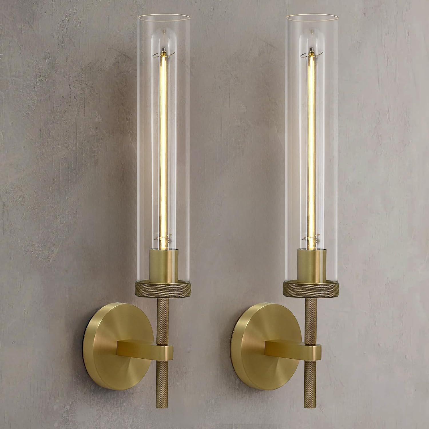 19' Modern Gold Wall Sconces Set of 2, Knurled Brass Vanity Lights with Clear Tube Glass Shade, Industrial Long Linear Wall Lamp for Bathroom Mirror, Hallway, Living Room, Staircase