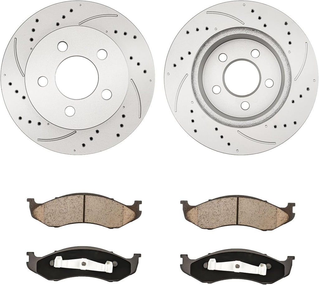KAX Front Brake Kit, Drilled and Slotted Brake Rotors, Ceramic Brake Pads | FitsWrangler 1999-2006, Cherokee 1999-2001, Automotive Replacement Brake Kit