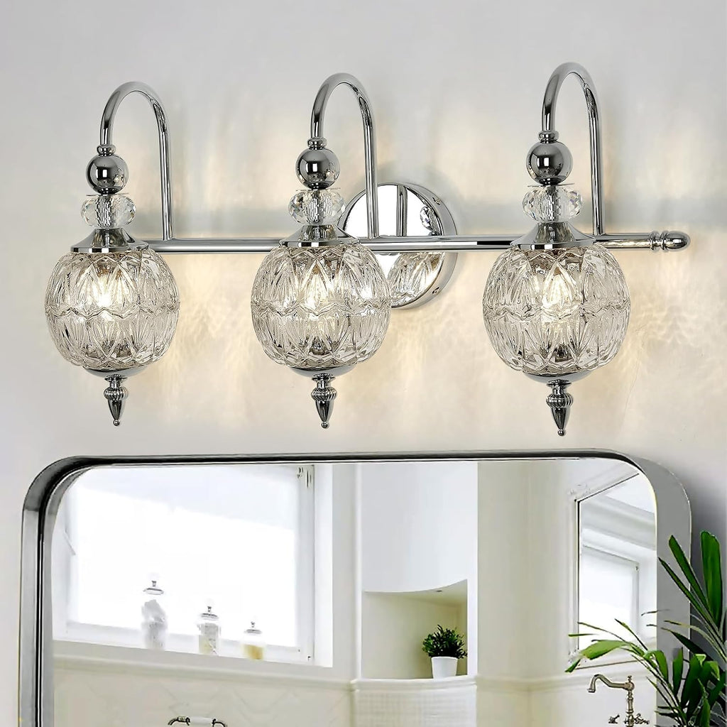 Piepooye Modern Bathroom Light Fixtures Polished Chrome Vanity Light with Glass Globe LampShade 3 Lights Mid Century G9 Bulb Wall Sconce Indoor Vanity Light Over Mirror for Bedroom Kitchen Hallway