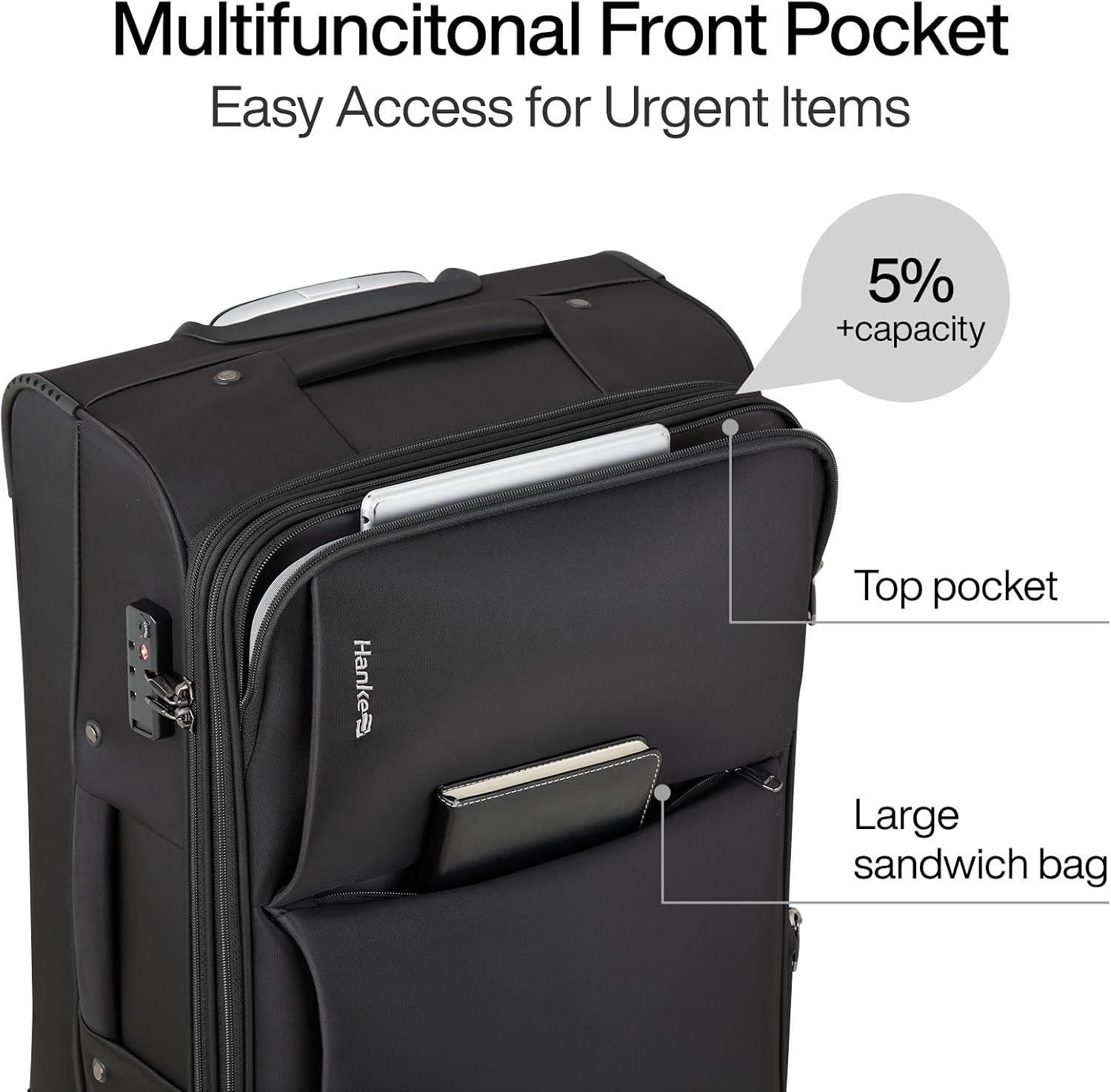 Hanke 24 Inch Luggage Expandable Softside Checked Suitcases with Spinner Wheels, Upright Rolling Luggage Suitcases Travel TSA Luggage Bag for Women Men(Black)