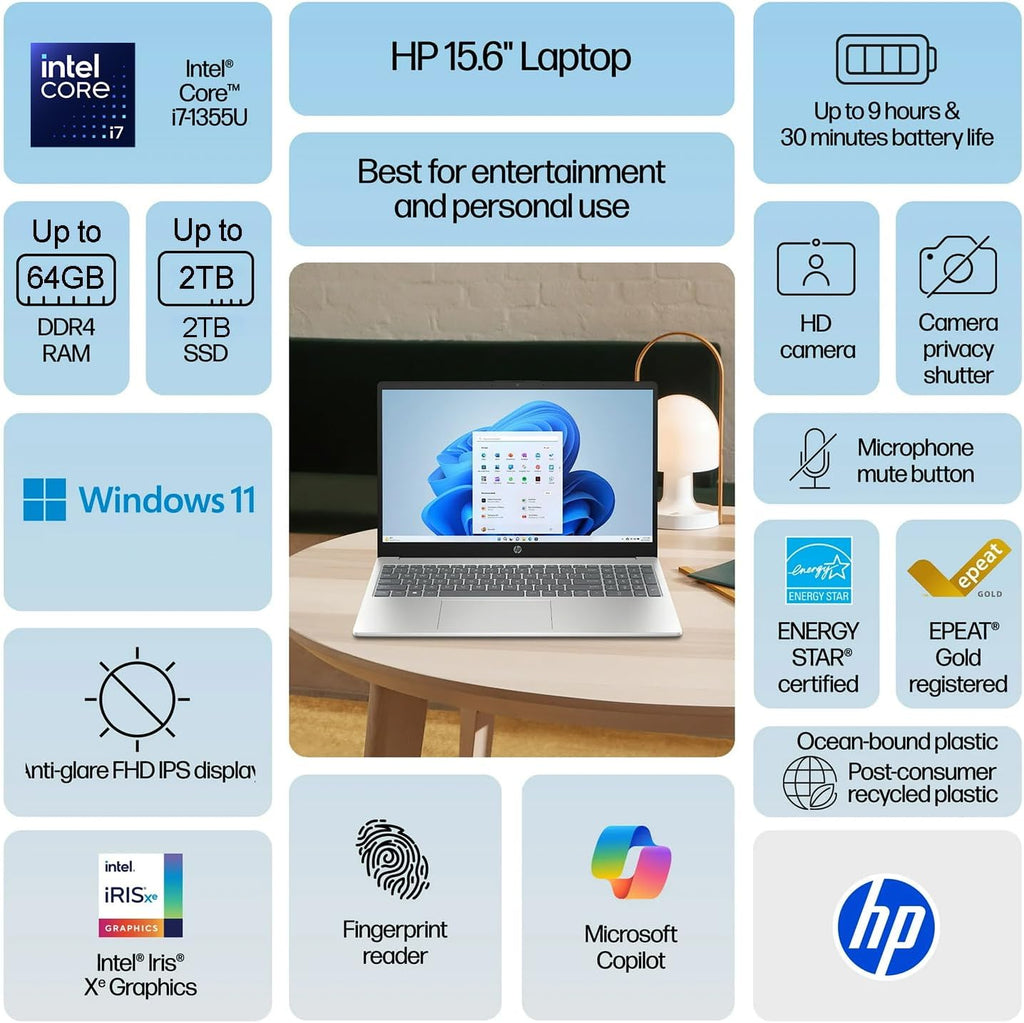 HP New Core i7 15.6' Laptop 2026 Edition | Intel Core i7-1355U up to 5.0GHz | 24GB RAM - 2TB PCIe SSD | Webcam | FHD | Long Battery Life | Windows 11 | Business & Academic