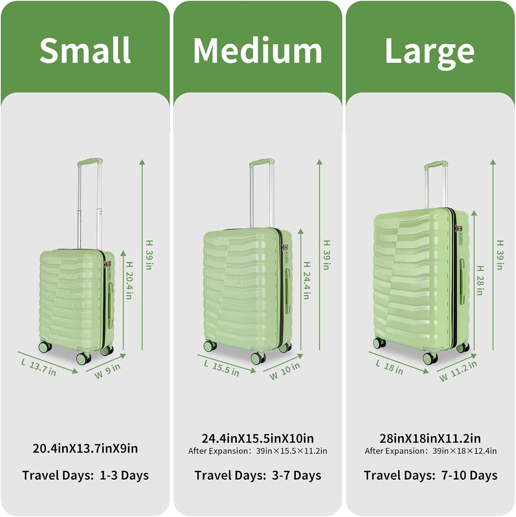 WireHot Lightweight Luggage with Spinner Wheels & YKK Zipper, 3-Piece Travel Suitcase ABS+PC Hardshell Luggage Set with TSA Lock, Light Avocado Green (20+24+28 inch)