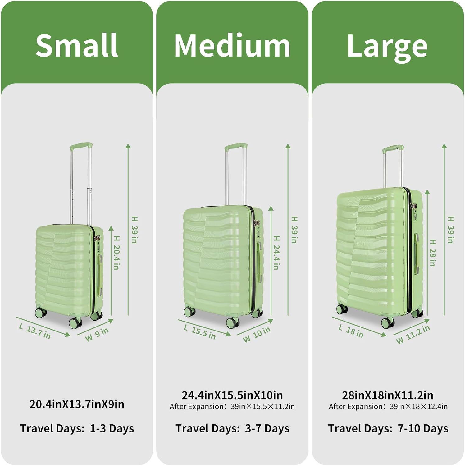 WireHot Lightweight Luggage with Spinner Wheels & YKK Zipper, 3-Piece Travel Suitcase ABS+PC Hardshell Luggage Set with TSA Lock, Light Avocado Green (20+24+28 inch)