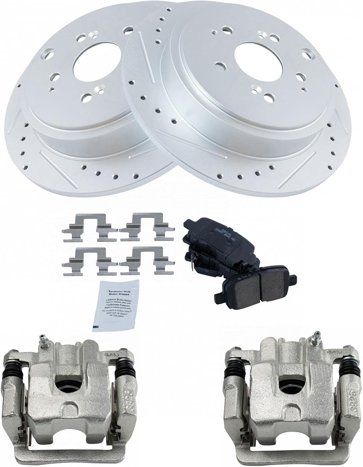 TRQ Performance Rear Brake Pad and Rotor Set Ceramic Slotted Drilled Coated Rotors Calipers Compatible with 2001-2006 Acura MDX 2003-2008 Honda Pilot