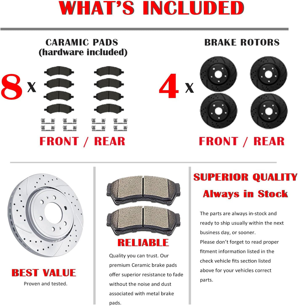 Front and Rear Drilled and Slotted Brake Rotors Ceramic Brake Pads Brake Kit Suitable for Cadillac Escalade GMC Yukon Chevy Silverado 1500 Tahoe