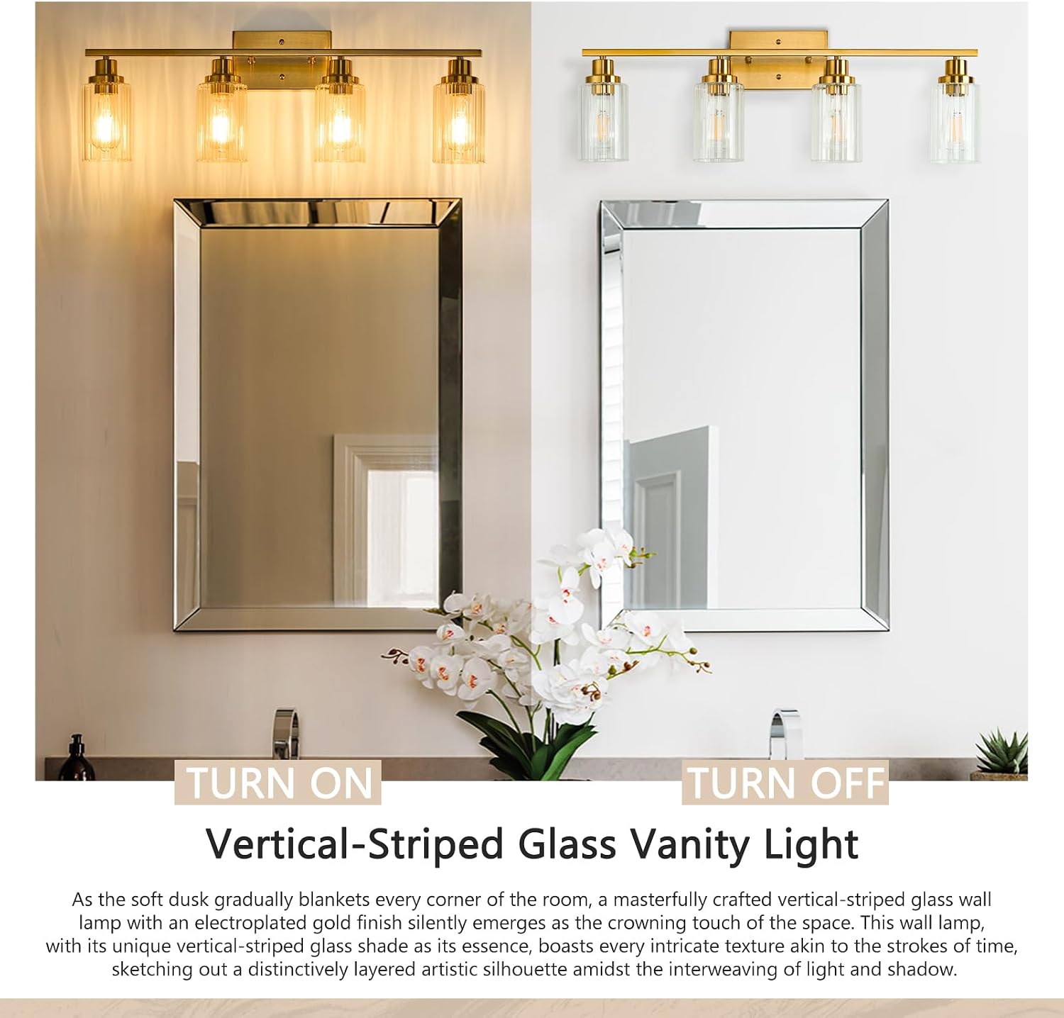 Jonsi Brushed Gold Bathroom Light Fixtures, 4-Light Brushed Gold Vanity Light, Bathroom Vanity Light with Stripe Glass Shade, E26 Wall Sconces Over Mirror for Bathroom, Living Room, Hallway