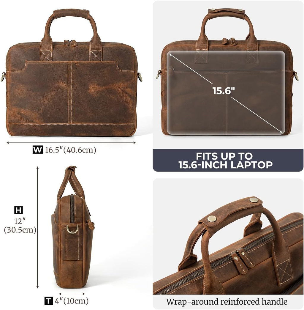 Augus Vintage Leather Briefcase for Men 15.6 Inch Laptop Computer Bag Retro Messenger Crossbody Shoulder Bag | Vintage Leather