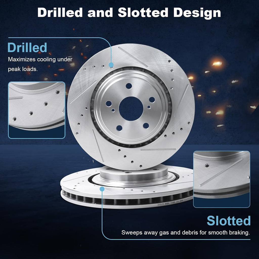 Front & Rear Drilled and Slotted Disc Brake Rotors & Ceramic Brake Pads Kit Fit for Lexus 10-15 RX350, 10-15 RX450H; for Toyota 14 Highlander, 15-19 Highlander, 11-20 Sienna # 31511 31544