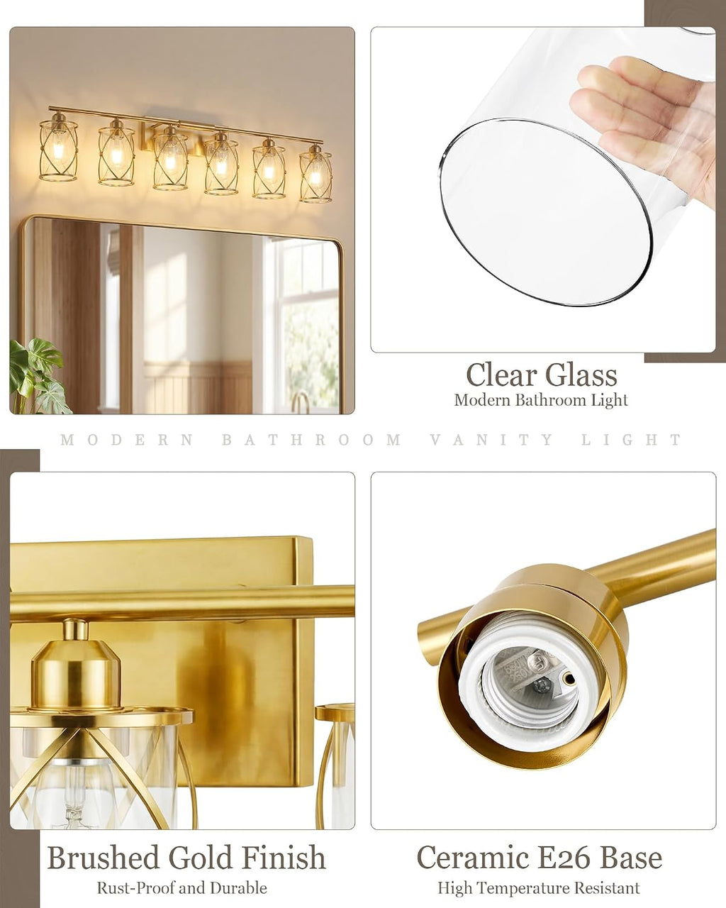 6-Light Brushed Gold Bathroom Light Fixtures Over Mirror, 42' UL-Listed Modern Wall Sconce Lights with Clear Glass and Metal Cage for Bath, Hardwire E26, CH9176BG-6W