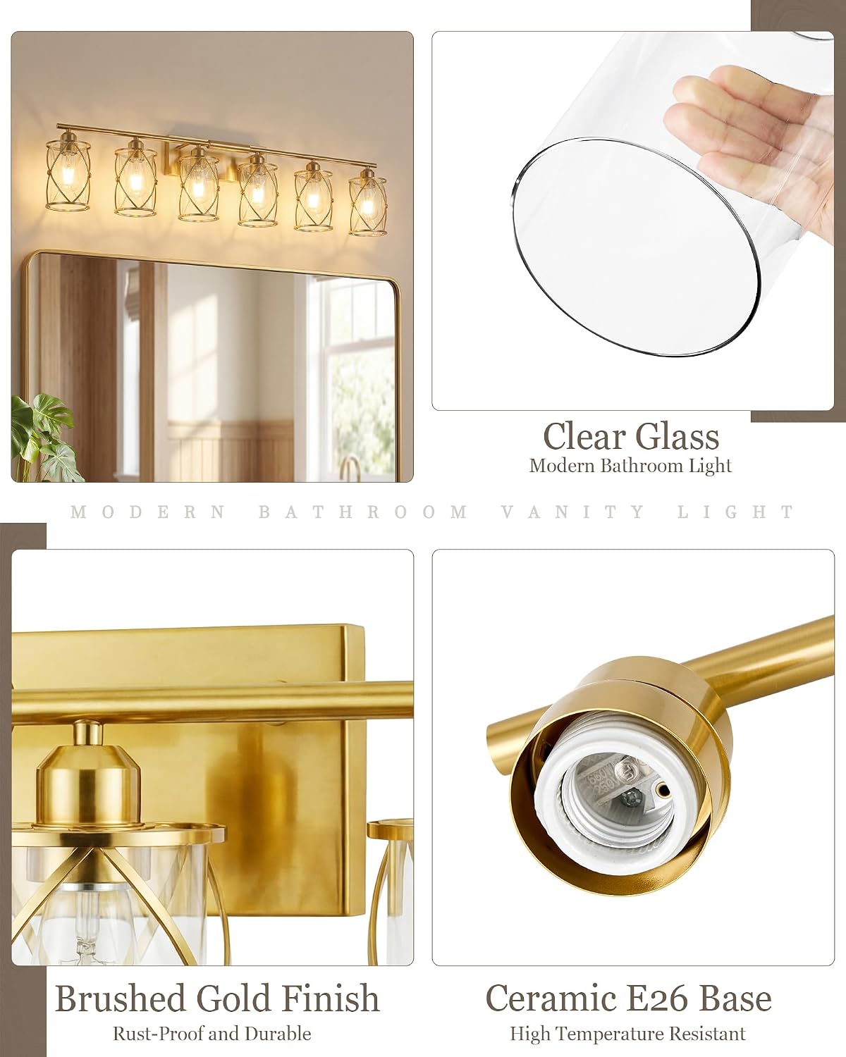 6-Light Brushed Gold Bathroom Light Fixtures Over Mirror, 42' UL-Listed Modern Wall Sconce Lights with Clear Glass and Metal Cage for Bath, Hardwire E26, CH9176BG-6W