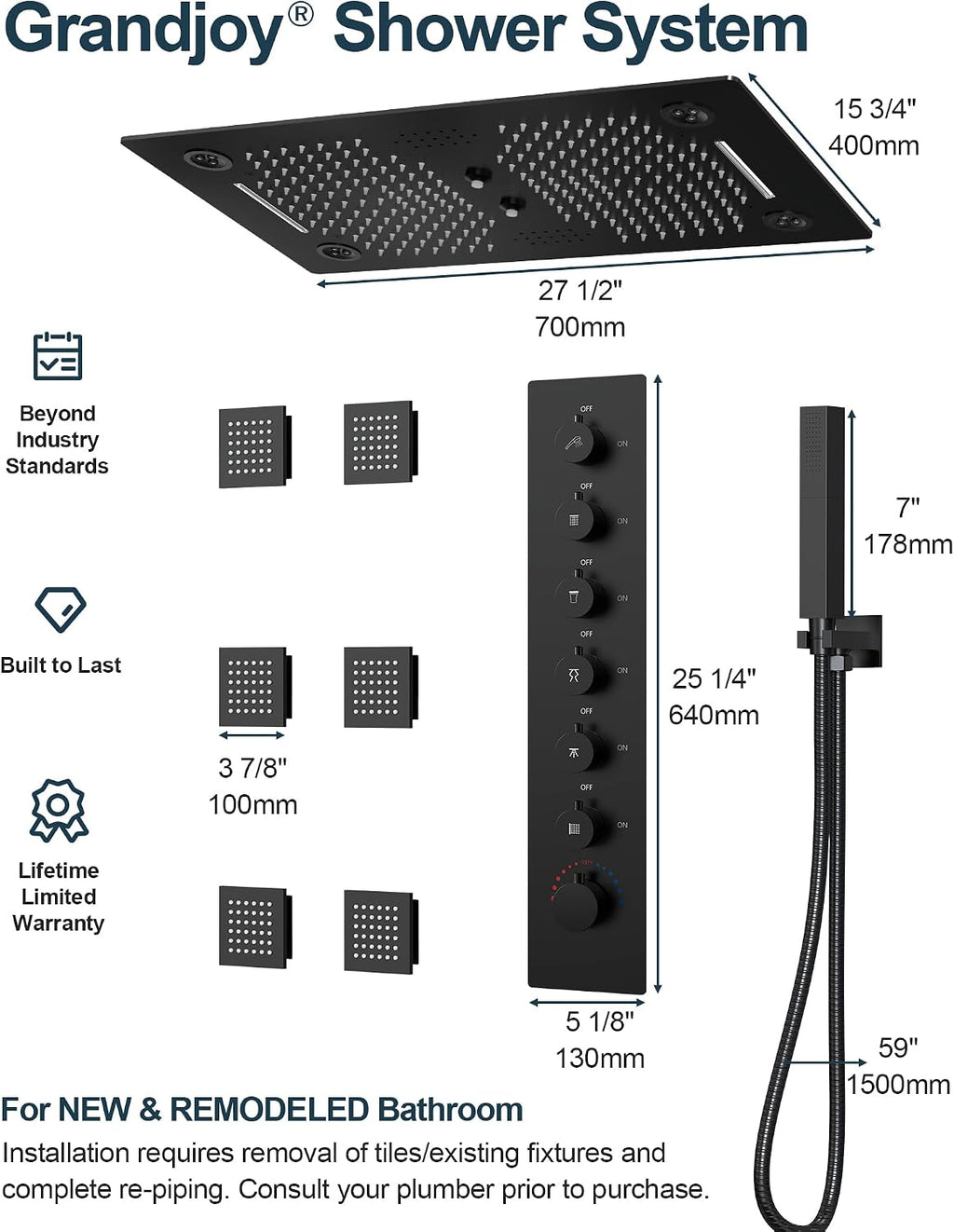 Luxury LED Shower System, 28' x 16' Ceiling Mount Bluetooth Music Speaker 4 Function Shower Head with 6 Body Jets, Matte Black