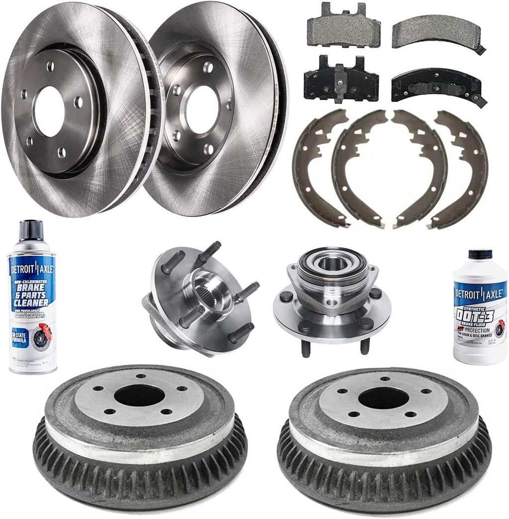 Detroit Axle - 4WD Wheel Bearing Hubs Brake Kit for 1994-1999 Dodge Ram 1500 [5 Lug 2-Wheel ABS] Front Brake Rotors Ceramic Brakes Pads Rear Brake Drums Shoes Front Wheel Bearing Hubs Replacement