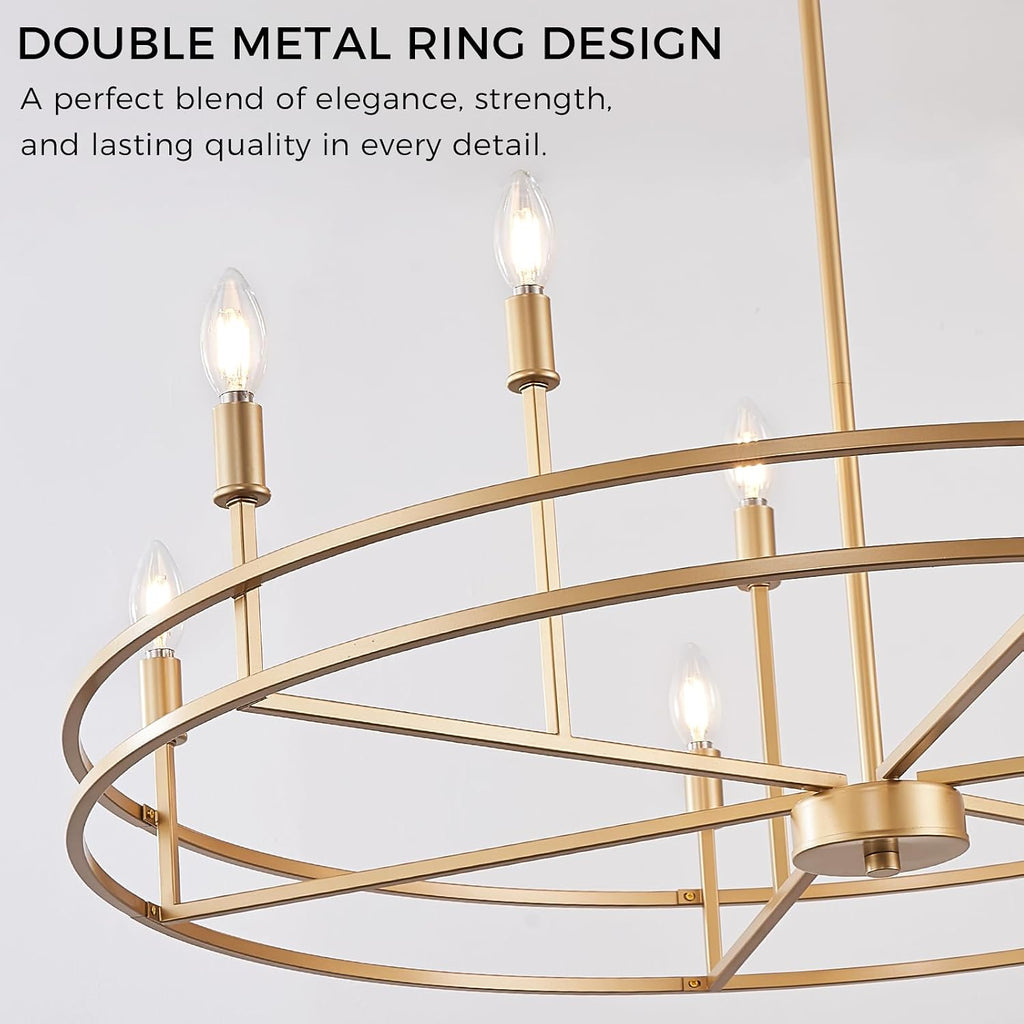 Brushed Gold Chandelier Light Fixture 9-Light Round Dining Room Chandelier Over Table Brass Chandeliers Lighting for Master Bedroom 35in Metal Chandeliers for Living Room Foyer Bathroom