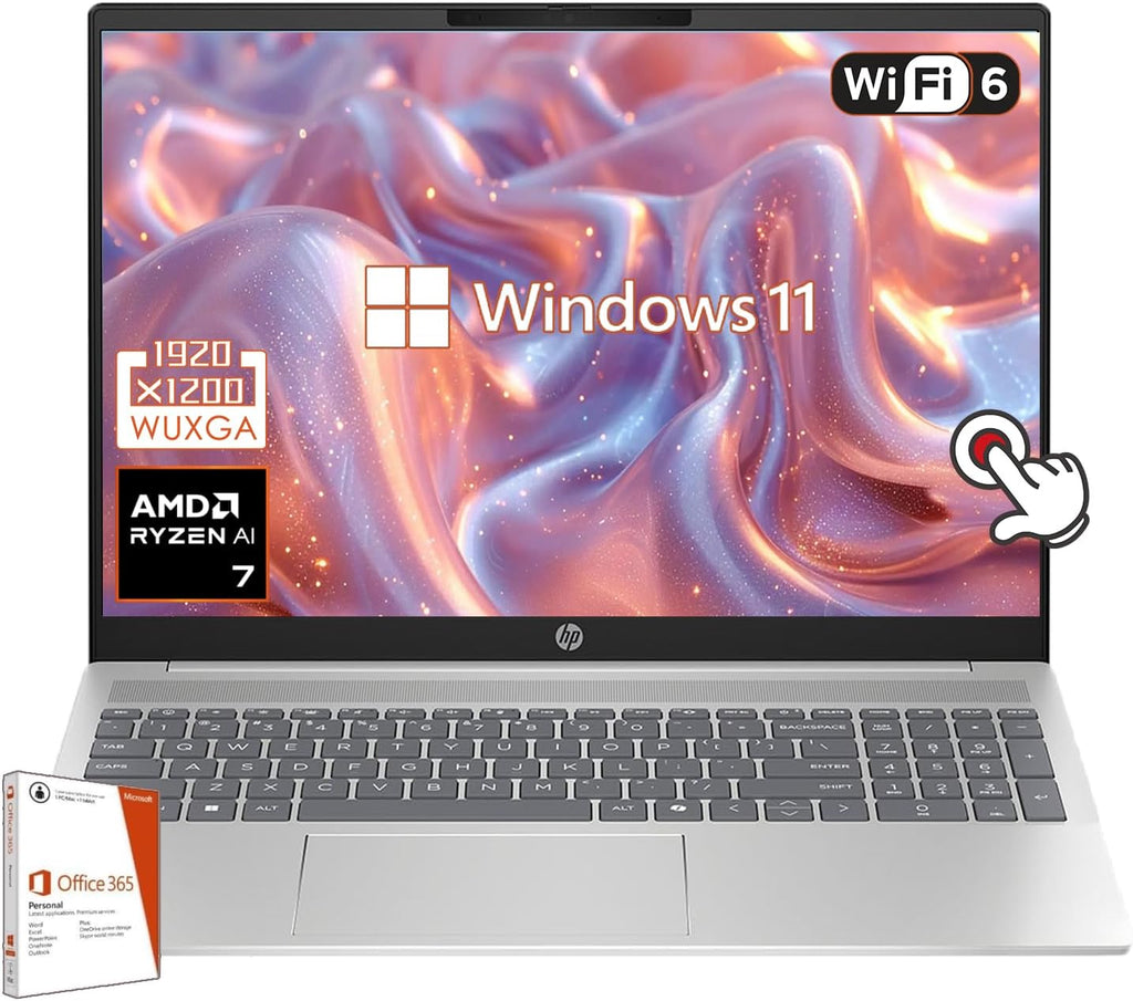 HP 16' Touchscreen Laptop, AMD Ryzen AI 7 350, WUXGA (1920 x 1200), Backlit Keyboard, 16GB LPDDR5-7500Mhz RAM, 1TB PCIe SSD, Copilot PC, Wi-Fi 6, 1080p Webcam, Windows 11, w/Office 365