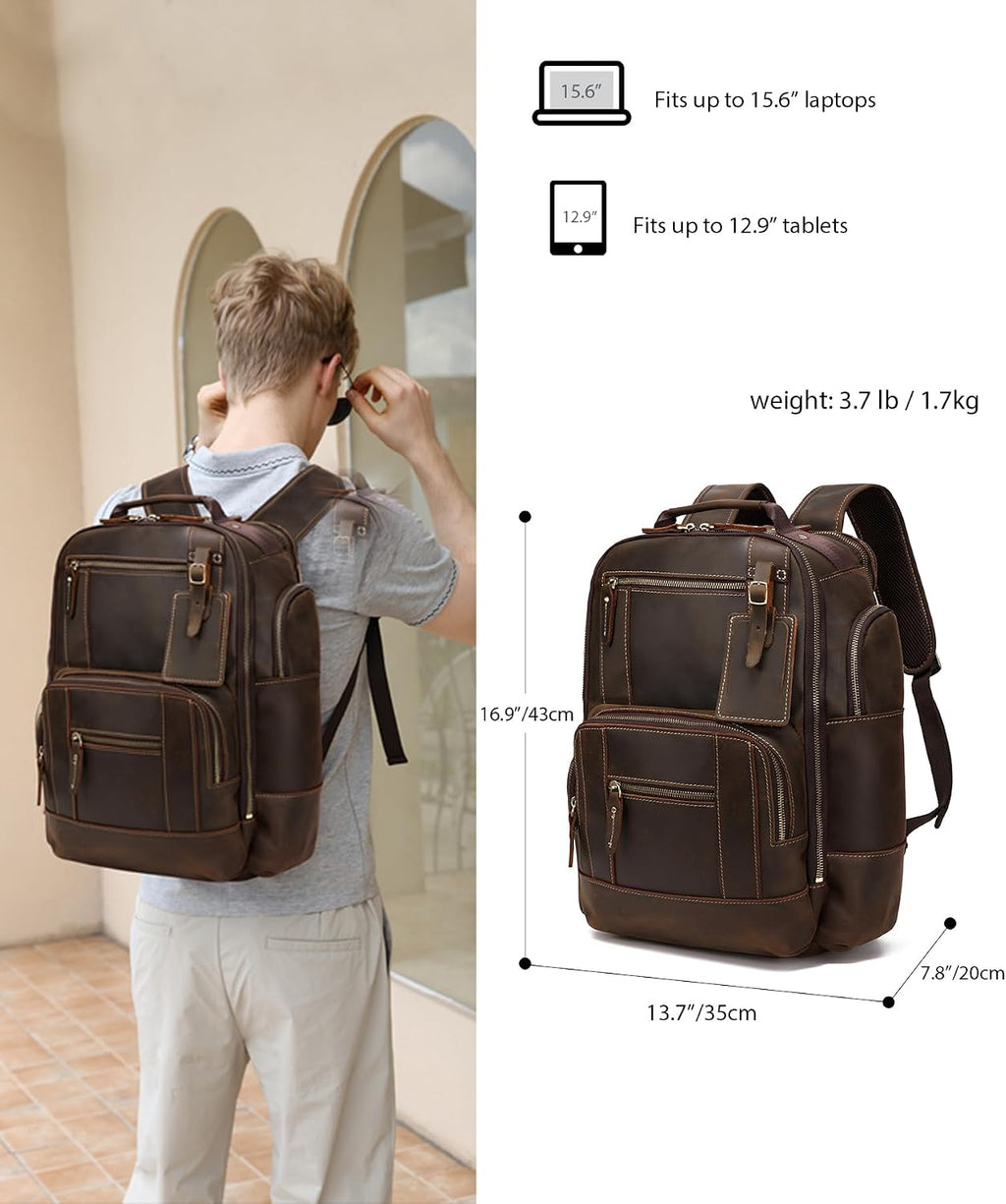 LANNSYNE Vintage Genuine Leather Backpack for men, 15.6' Laptop Backpack Travel Camping 24L Rucksack