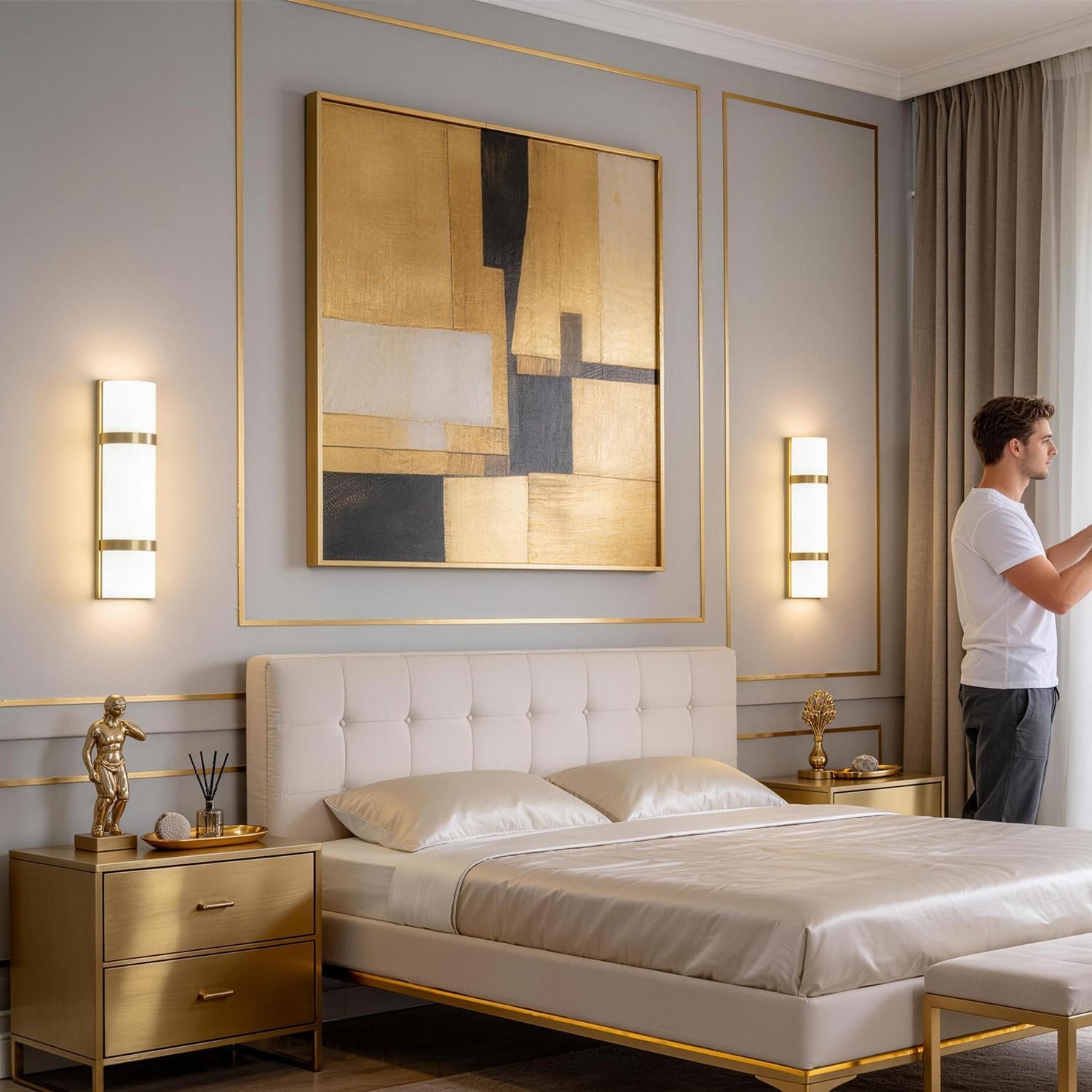 Modern Bathroom Wall sconces Set of 2 – 16 Inch Bathroom Wall Light Fixture, LED Gold Wall Sconce with Artisanal White Frosted Glass, 4000K Warm Lighting for Hallway Bedroom Living Room
