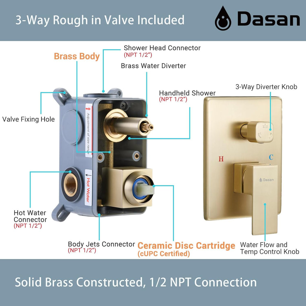 DASAN Full Body Shower System with 6 PCS Body Spray Jets & 12'' Rain Overhead Shower & Handheld, In-Wall Rain Shower System Brushed Gold Shower Faucets Sets Complete with Valve, SA-SS03ABG-S12W