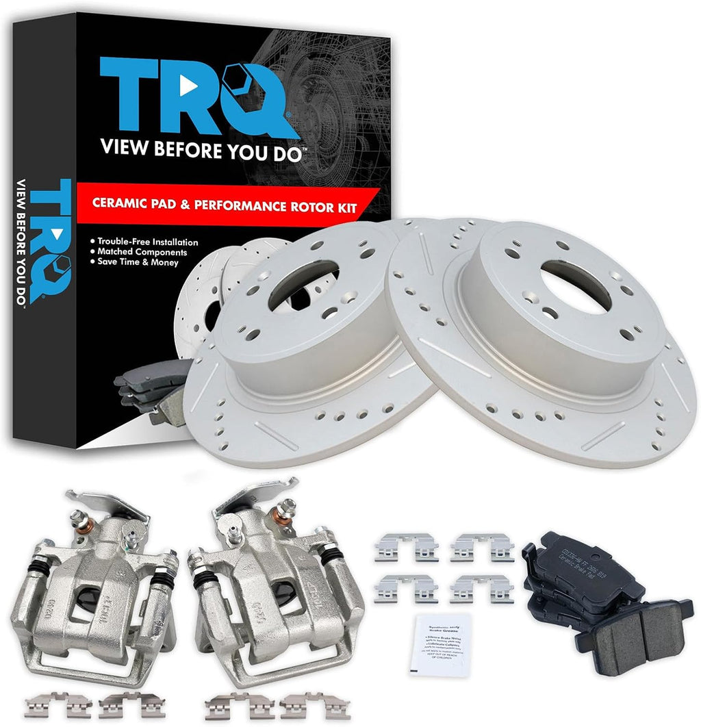 TRQ Performance Rear Brake Pad and Rotor Set Ceramic Solid G Coated Rotors Calipers Compatible with 2013-2017 Honda Accord