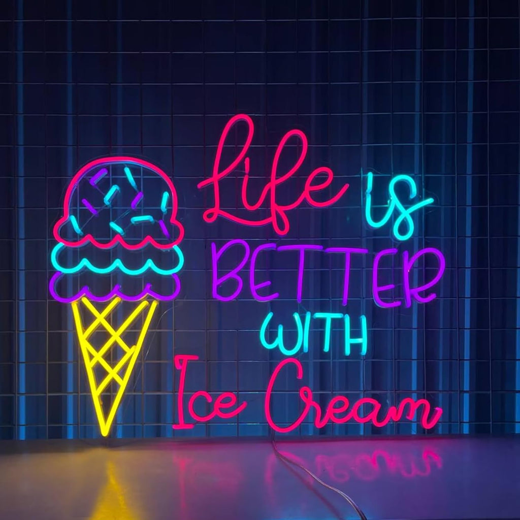 Life Is Better With Ice Cream Neon Sign LED Ice Cream Open Neon Light Signs Wall Decor for Bar Shop, Home, Bedroom,Party Gift Size: 25 inches