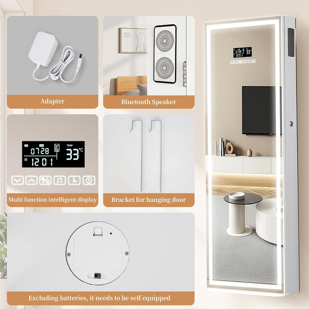 LED Mirror Jewelry Cabinet with Bluetooth Speaker, Wall/Door Mounted Jewelry Organizer Armoire, Full Length Lighted Mirror with Jewelry Storage,Jewelry Box Standing for Women
