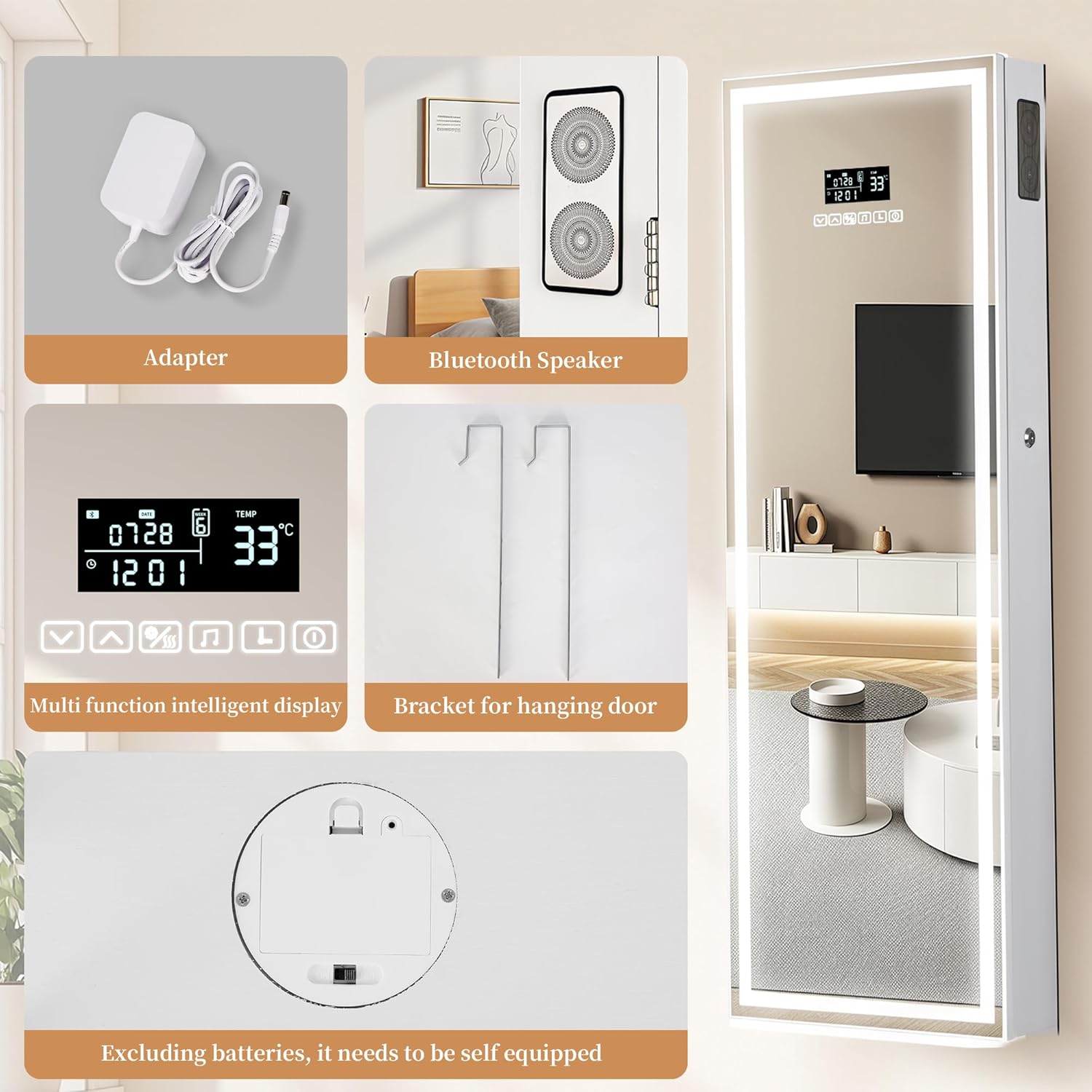 LED Mirror Jewelry Cabinet with Bluetooth Speaker, Wall/Door Mounted Jewelry Organizer Armoire, Full Length Lighted Mirror with Jewelry Storage,Jewelry Box Standing for Women