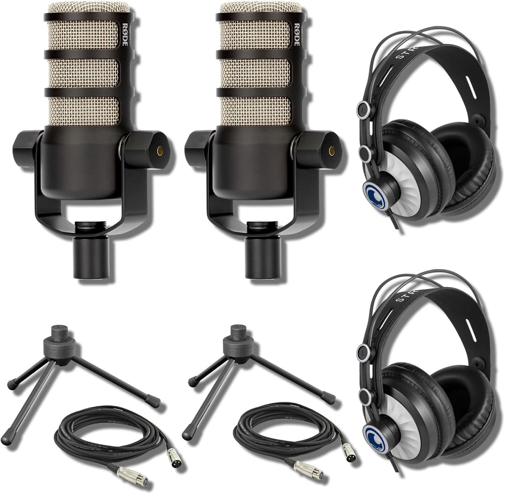 Rode PodMic Dynamic Podcast Microphone (Pair) with Gator GFW-MIC-0250 Desktop Mic Stands, TH-02 Podcast Headphones, XLR Cables and StreamEye Polishing Cloth