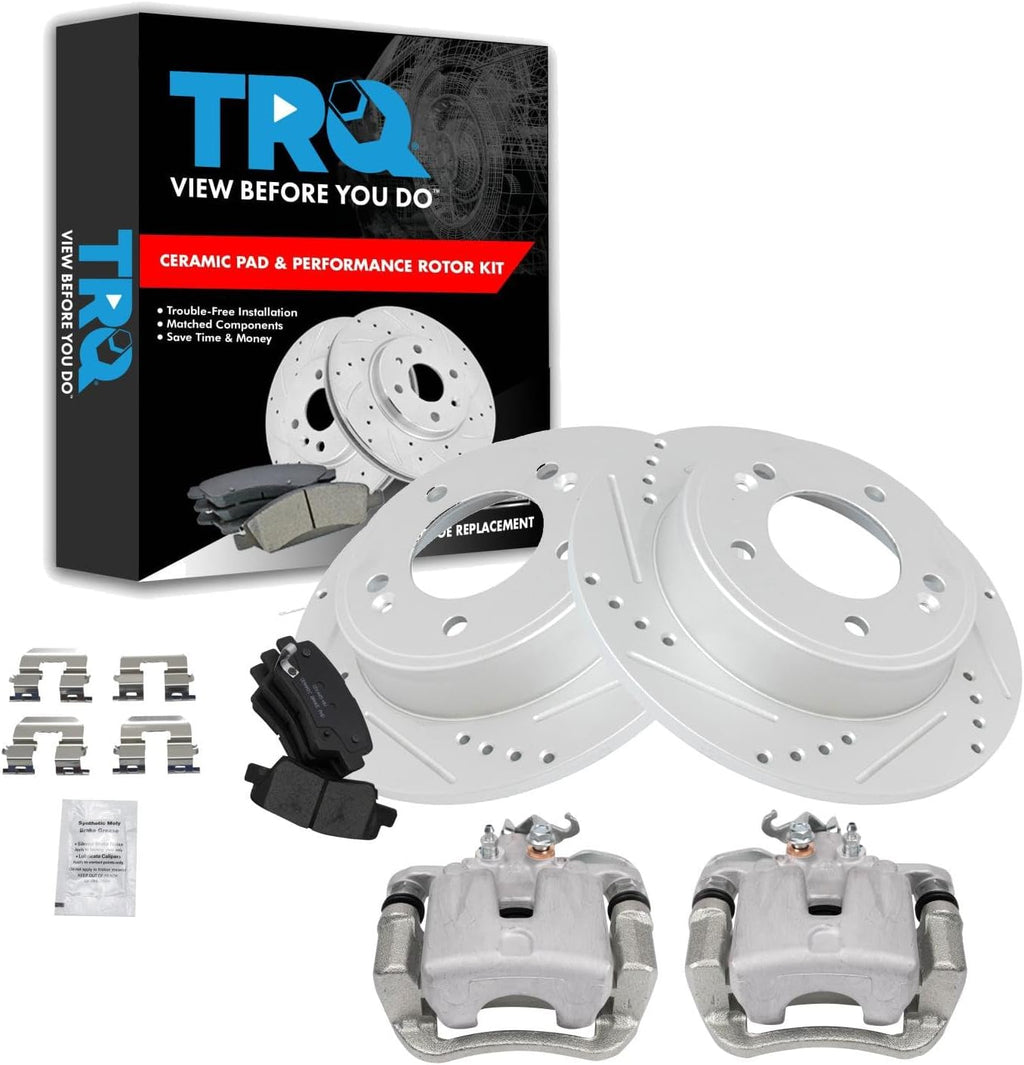 TRQ Performance Rear Brake Pad and Rotor Set Ceramic Solid Rotors Calipers Compatible with 2014-2016 Kia Soul