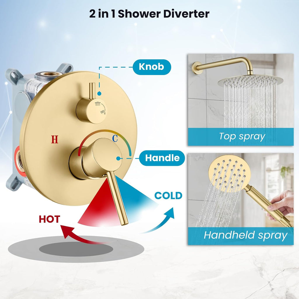 gotonovo Rain Shower System with 10 Inch Round Showerhead and Handheld High Pressure Shower Faucet Set Contain Rough in Valve, Brushed Gold