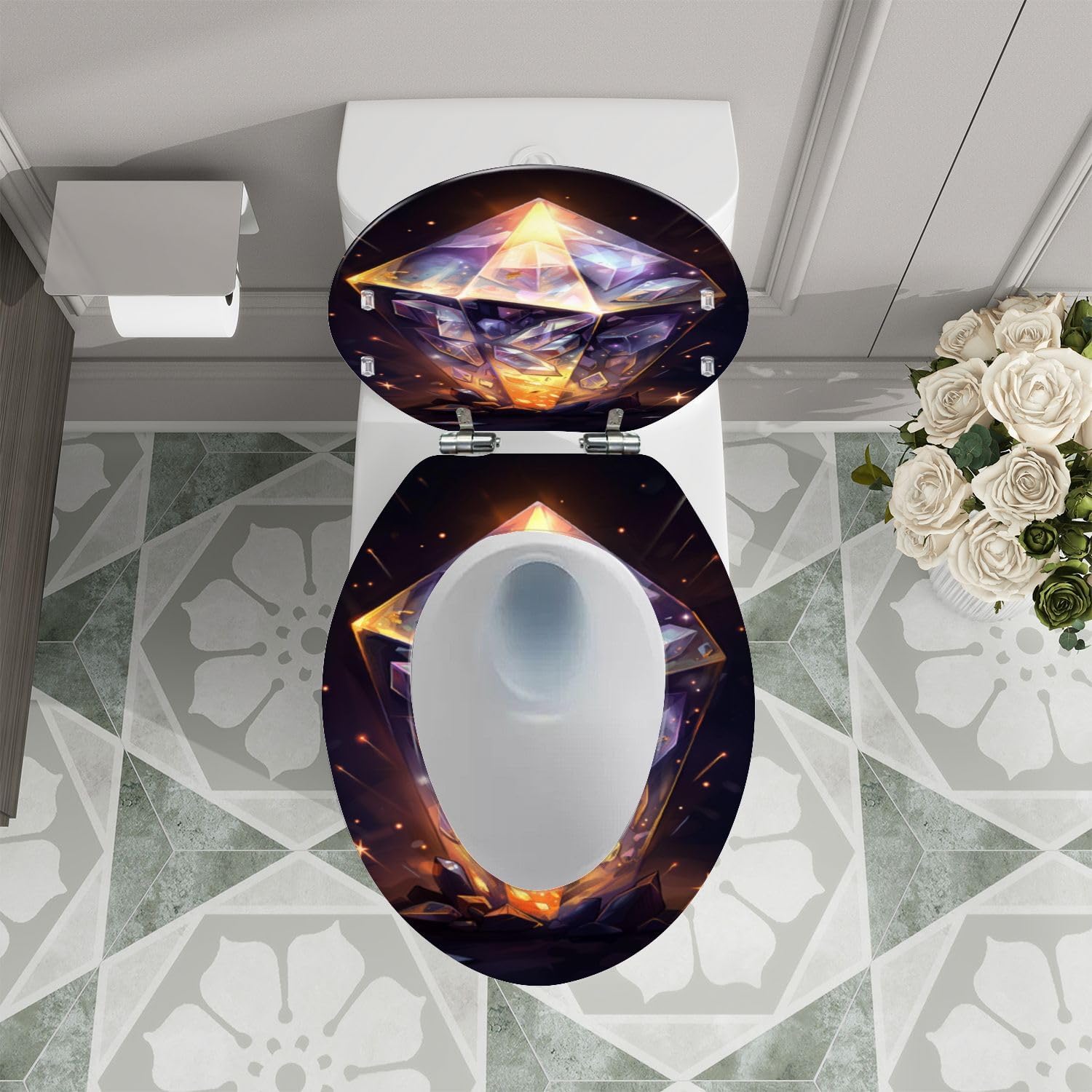 Elongated Toilet Seat Ayst Crystal Gem Purples Gold Silver Flecks Resin Toilet Seat Quietly Close Quick Release Hinges Decorative Toilet Seat with Cover Easy to Install