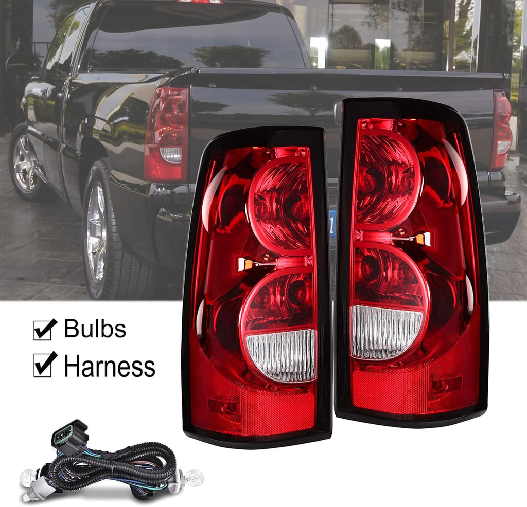 Headlights Tail Lights Assembly Combo Compatible with 2003 2004 2005 2006 Chevy Silverado 1500 2500 3500, Chrome Housing Clear Lens Headlamp w/ Red Taillight Rear Brake Lamp
