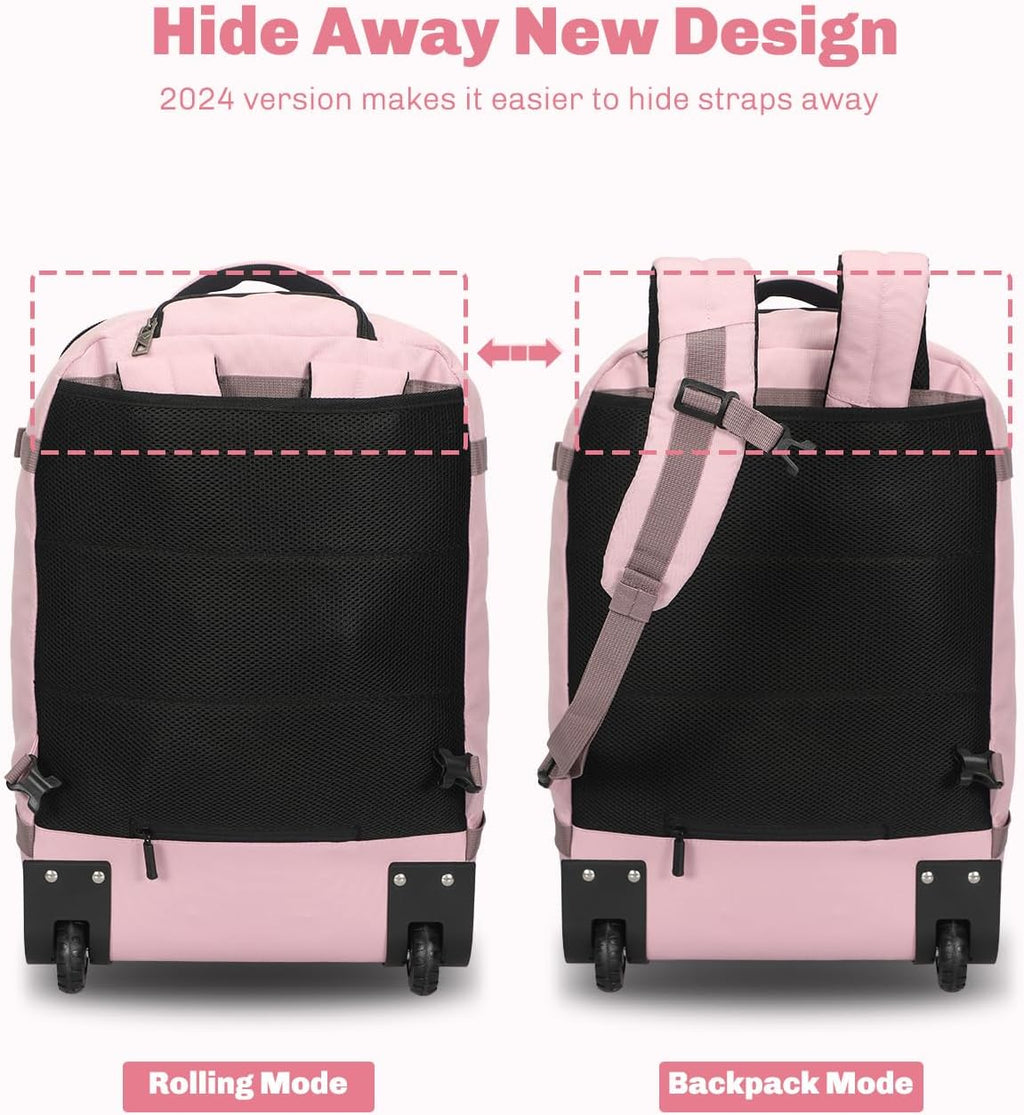 Hynes Eagle Rolling Backpack 42L Backpack with Wheels Airline Approved Carry on Luggage Laptop Travel Suitcase Bag for Women Men Light Pink