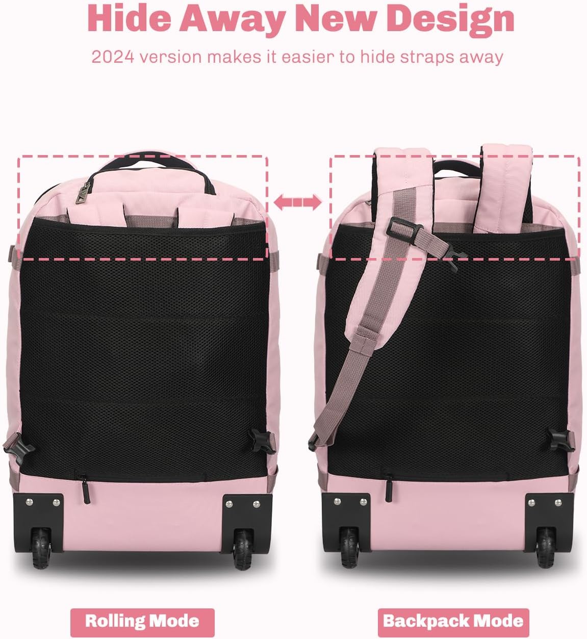 Hynes Eagle Rolling Backpack 42L Backpack with Wheels Airline Approved Carry on Luggage Laptop Travel Suitcase Bag for Women Men Light Pink