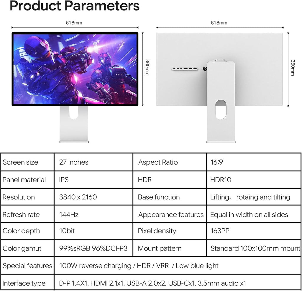 P27D 27'' UHD (3840 x 2160) 4K 144Hz Glossy Monitor, IPS Panel, 10-Bit Color, 99% sRGB, 96% DCI-P3, 5ms, HDR, Low Blue Light, Eye Care (Minimalist - with Stand)
