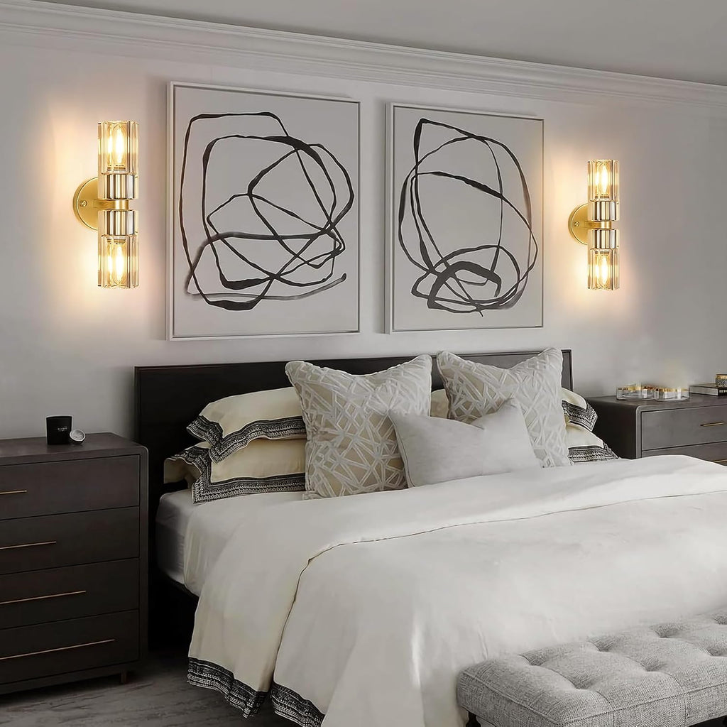 Gold Wall Sconce, Modern Bathroom Sconces Wall Lighting Vanity Light Fixtures with Clear Crystal, Hardwired Brushed Brass Wall Mount Lights for Living Room Corridor Mirror Bedroom Stairs