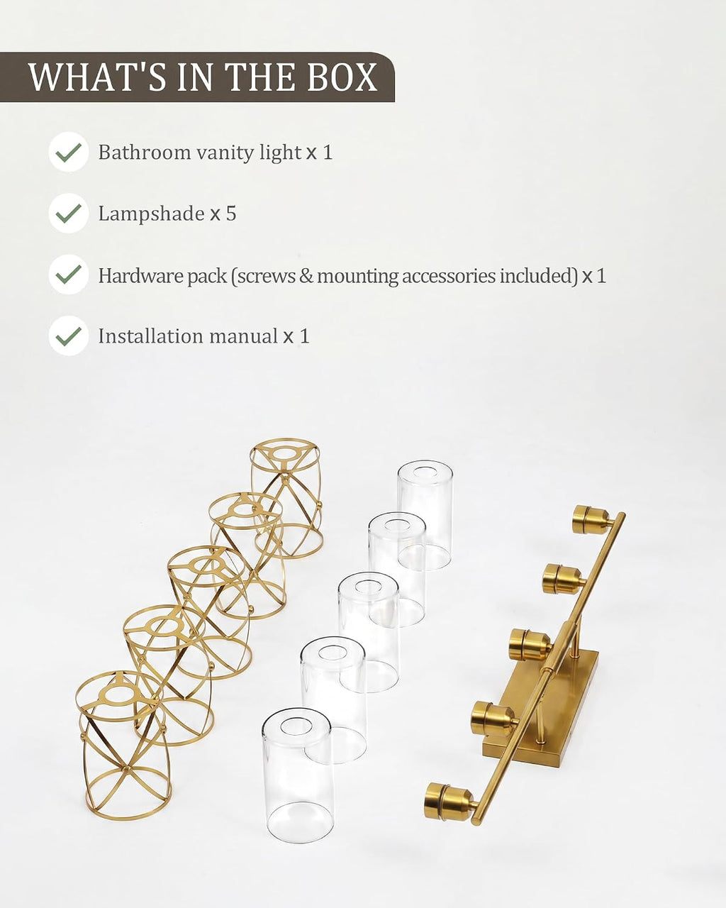 5-Light Brushed Gold Bathroom Light Fixtures Over Mirror, 38' UL-Listed Modern Wall Sconce Lights with Clear Glass and Metal Cage for Bath, Hardwire E26, CH9176BG-5W