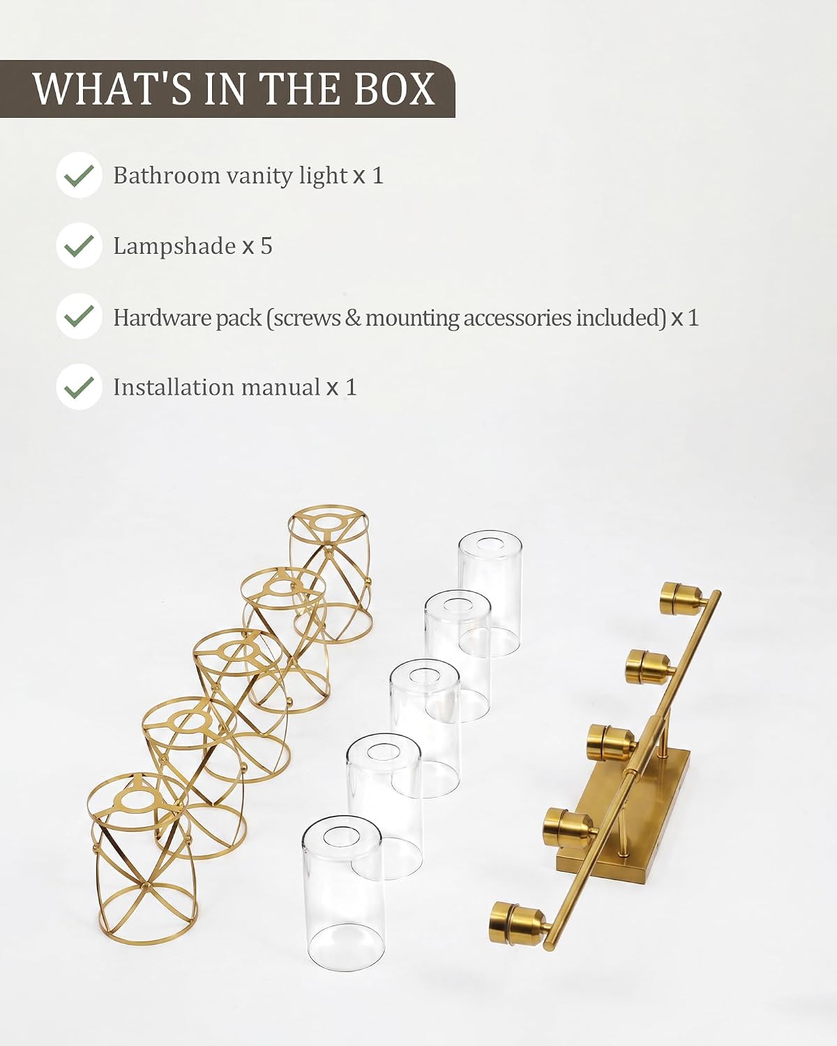 5-Light Brushed Gold Bathroom Light Fixtures Over Mirror, 38' UL-Listed Modern Wall Sconce Lights with Clear Glass and Metal Cage for Bath, Hardwire E26, CH9176BG-5W