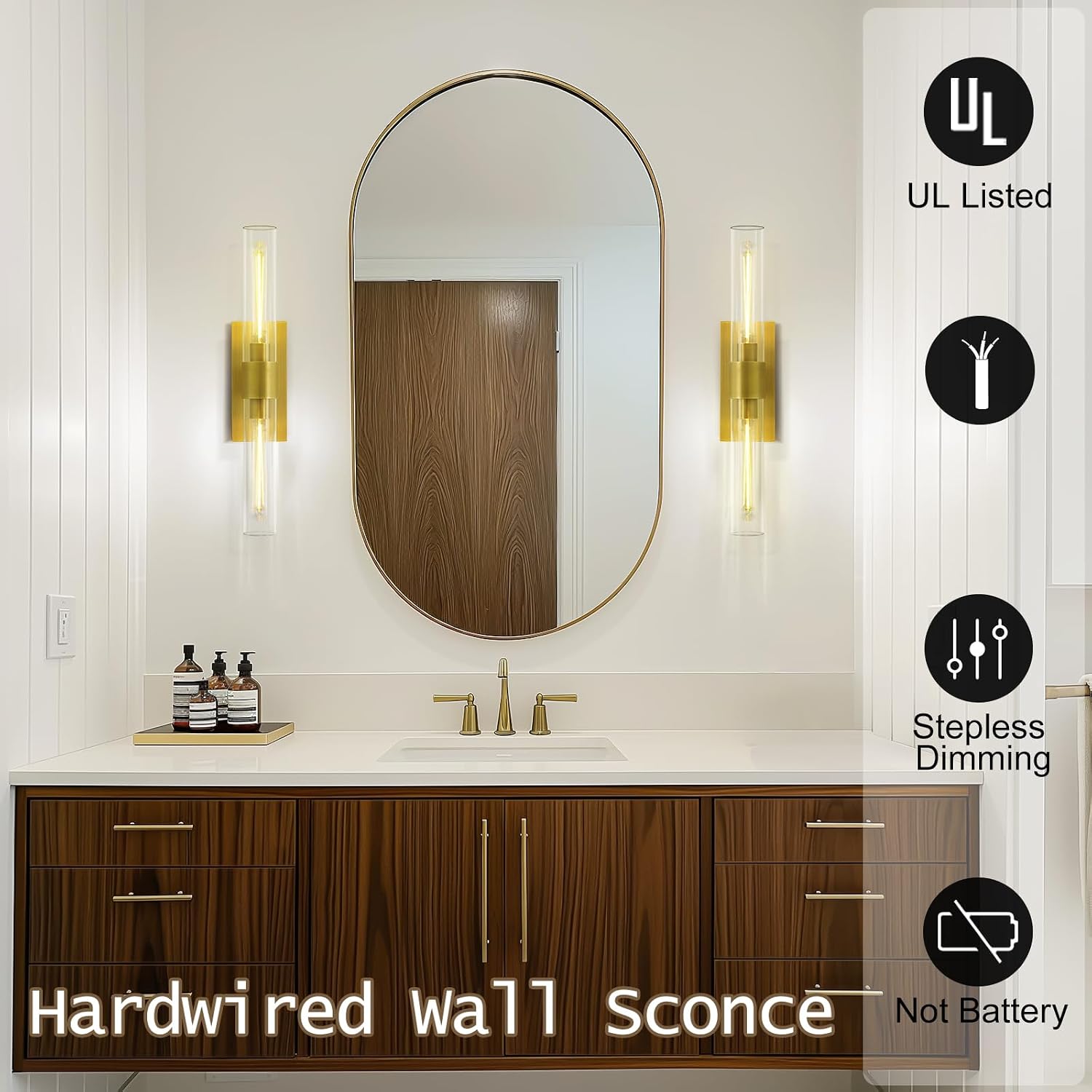 Brass Bathroom Vanity Light, 2-Light Bathroom Wall Sconce Over Mirror, 22.8' Gold Vanity Light for Bathroom, Dimmable Vanity Sconce with Glass Tube, Bathroom Linear Sconce Vertical & Horizontal, 1 PC